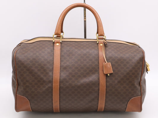 CELINE PVC and Leather Boston Bag in Macadam Brown, Light Brown, and Beige with GD Hardware, Padlock, Two Keys, and Cloche