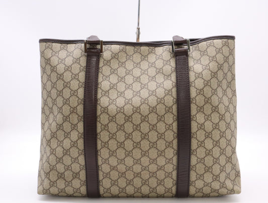 GUCCI 114288 PVC and Leather GG Supreme Tote Bag in Beige and Brown with Silver Hardware