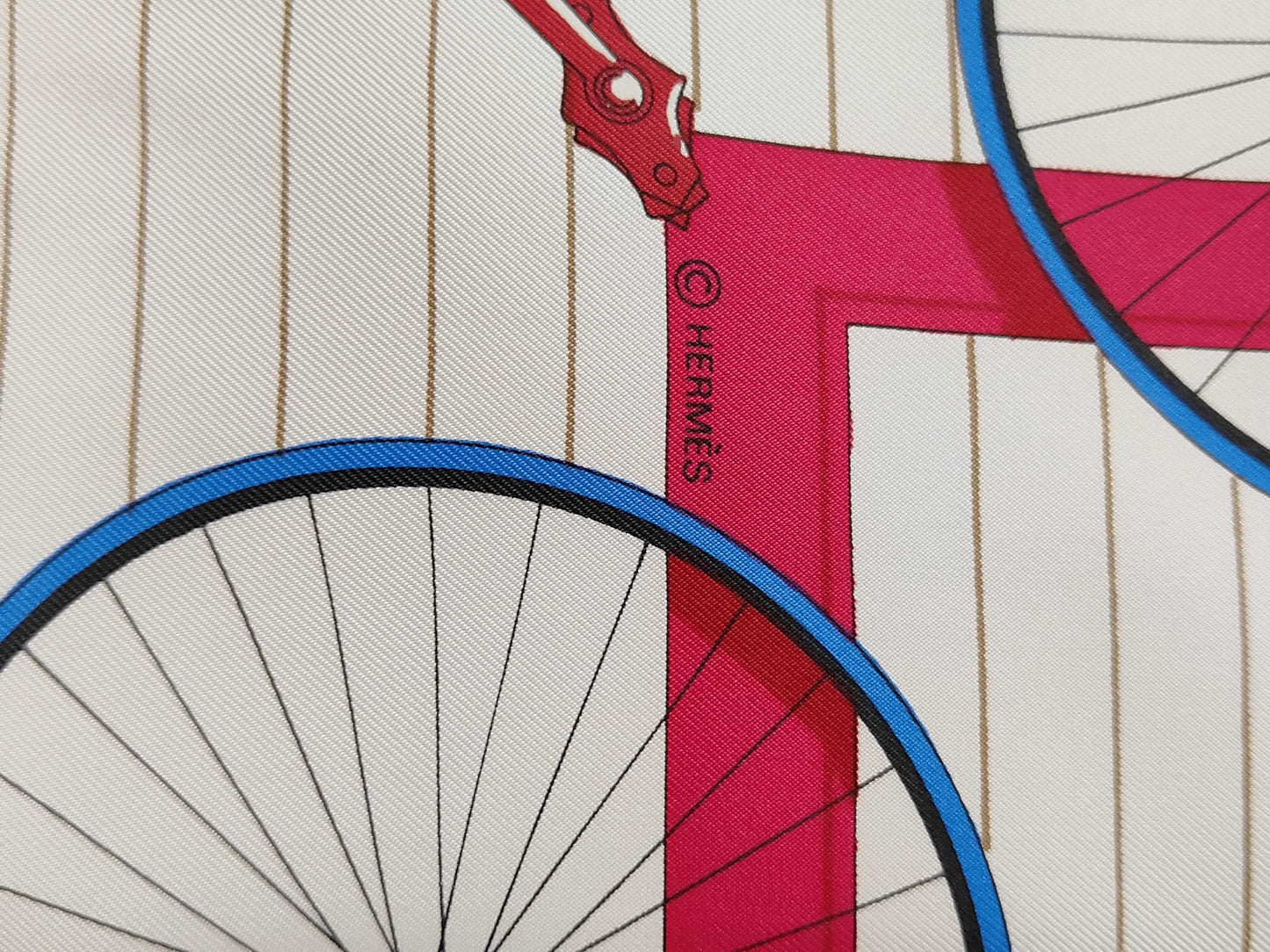 HERMES Silk Carré 90 LES BECANES Bicycle Pattern Scarf in White, Blue, and Red with Gift Wrapping