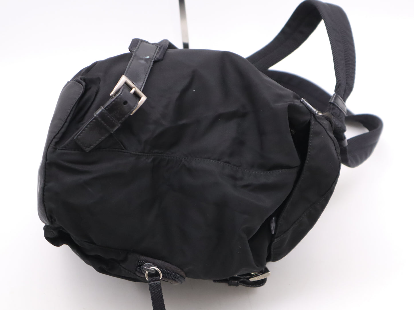 PRADA Nylon and Leather Triangle Logo Backpack in Black with Silver Hardware