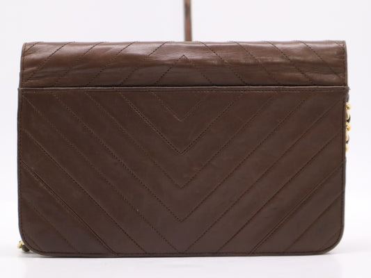 CHANEL Leather V-Stitch Full Flap Chain Shoulder Bag Brown with GD Hardware