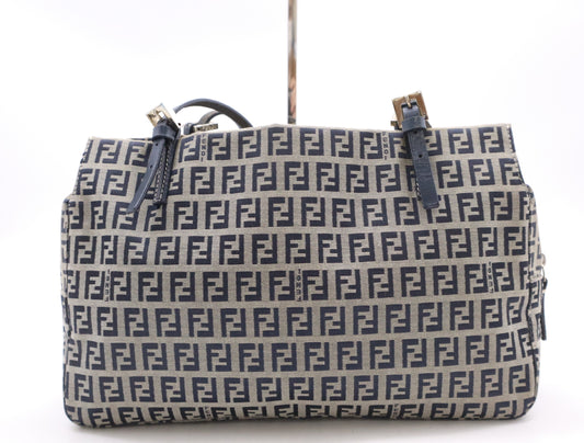 FENDI Canvas/Leather Zucchino Handbag in Blue and Gray with Silver Hardware, Tote Bag