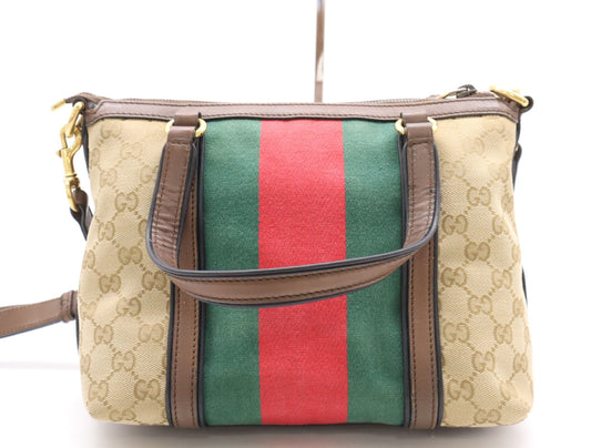GUCCI 353114 Canvas/Leather GG Canvas Lanier Web Line 2-Way Handbag in Beige, Brown, Red, and Green with GD Hardware, Shoulder Strap, and Charm