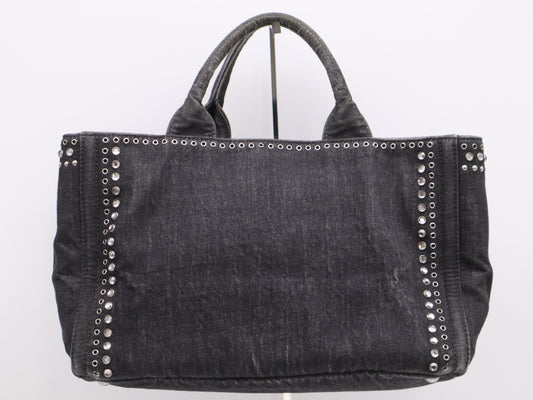 PRADA Canvas Canapa Tote #M Black Beaded Studs Tote Bag
