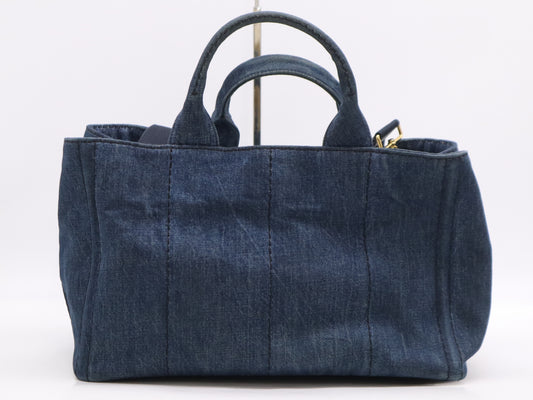 PRADA Denim Canapa MM Tote Bag in Navy with Shoulder Strap and Guarantee Card