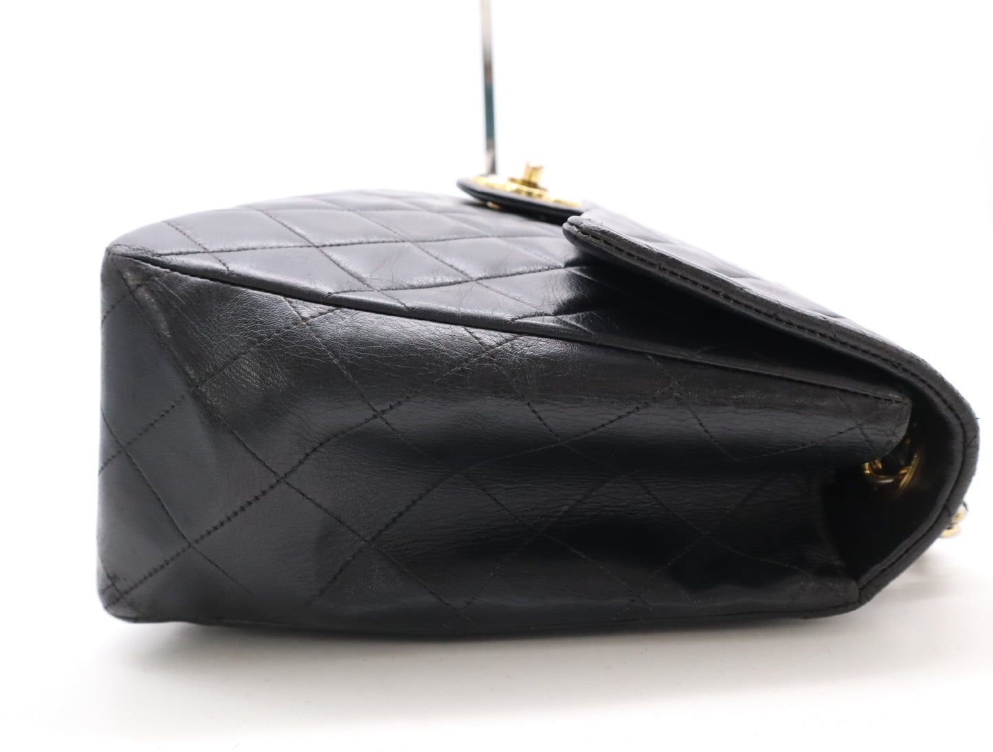 CHANEL Lambskin Deca Matelasse 34 S Flap Double Chain Turn Lock Gold Hardware Black Shoulder Bag