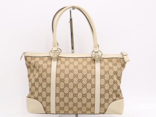 GUCCI 257069 Canvas/Leather Lovely Tote Bag Beige White Tote Bag