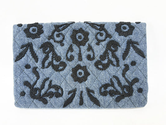PRADA Prada Cotton Denim Floral Embroidered Quilted Pouch Indigo x Black Clutch Bag
