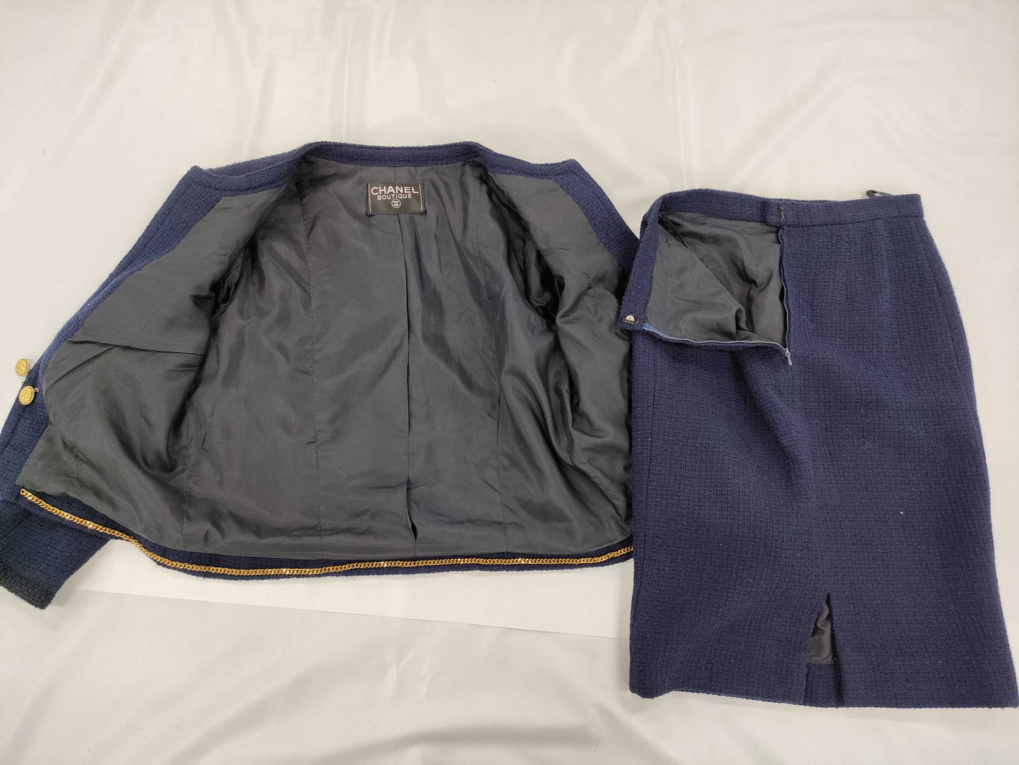 CHANEL Tweed Set with Coco Button and Gold Chain Jacket