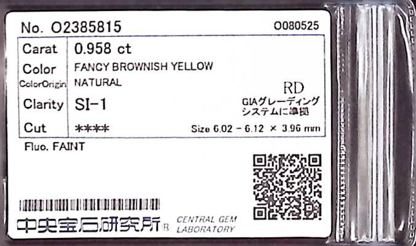 0.958ct FANCY BROWNISH YELLOW SI-1 ****/GD/FR FAINT NATURAL 6.02-6.12X3.96mm RD Diamond Loose