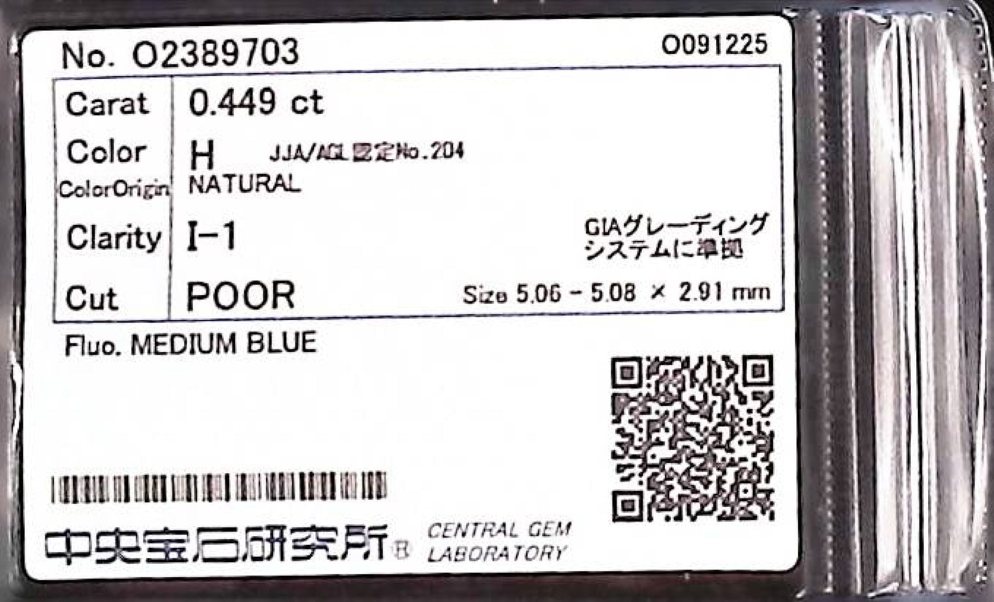 0.449ct H I-1 POOR/PR/GD MEDIUM BLUE NATURAL 5.06-5.08X2.91mm Diamond Loose