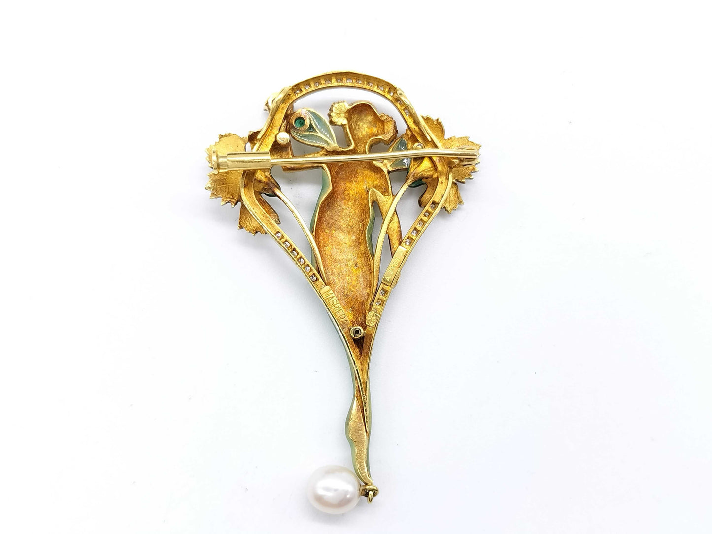 MASRIERA Pearl Diameter: Approx. 6.0mm, Emerald, Diamond, 750, 15.2g, Brooch