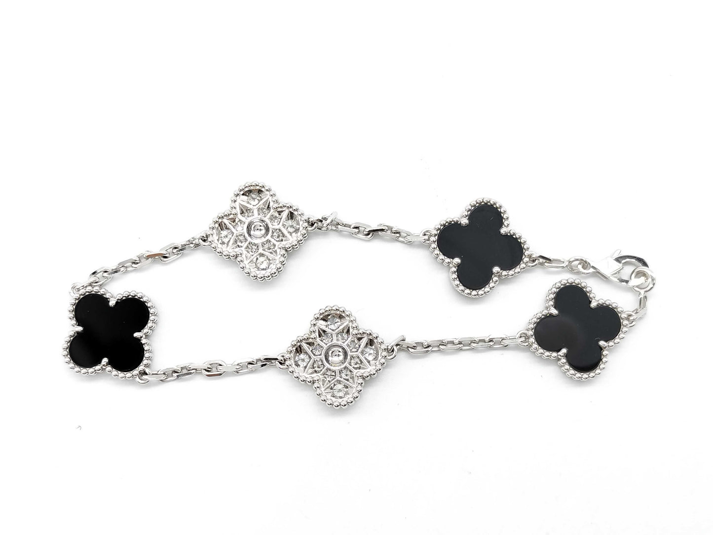 Van Cleef & Arpels Vintage Alhambra 5-Piece Onyx and Diamond Bracelet in Gold and White Gold , 12.8g