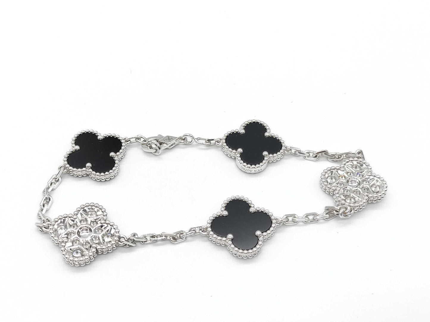 Van Cleef & Arpels Vintage Alhambra 5-Piece Onyx and Diamond Bracelet in WG Au750, 12.2g