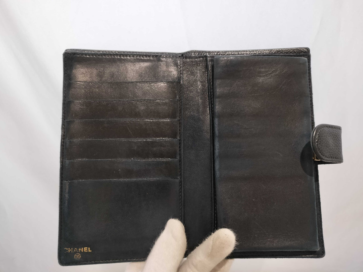 CHANEL Caviar Leather Long Wallet with Clasp Closure and Gold Hardware, Black