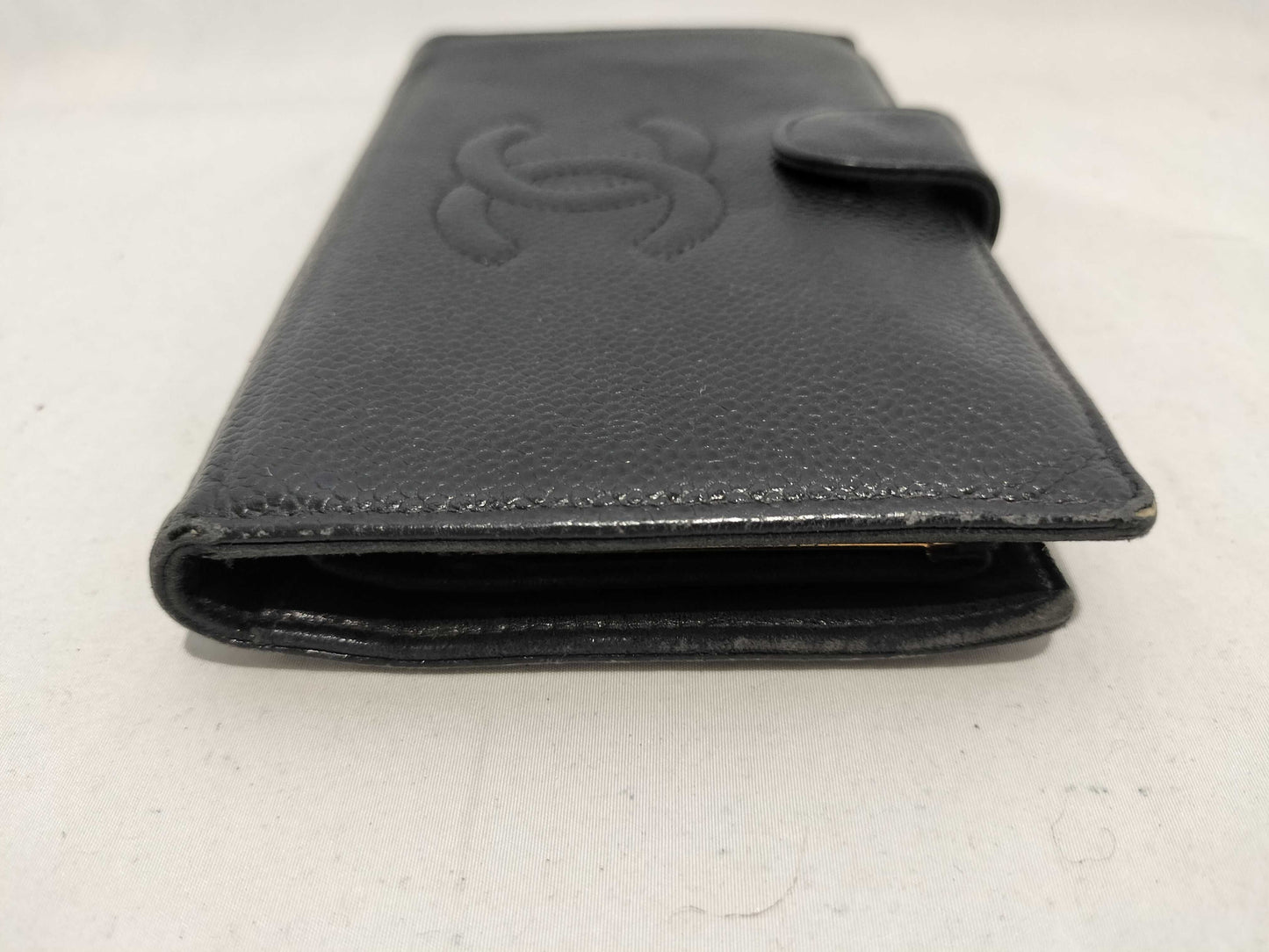 CHANEL Caviar Leather Long Wallet with Clasp Closure and Gold Hardware, Black