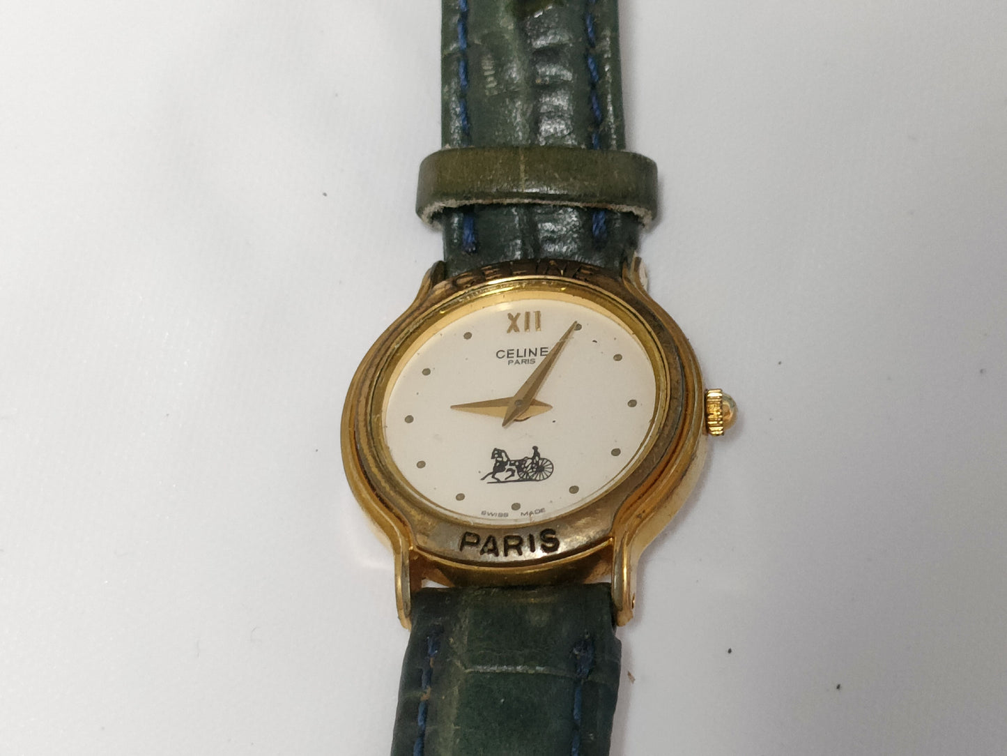 CELINE Horse and Carriage Logo Watch, Vintage Crocodile Embossed, Unmoving, Women's Watch