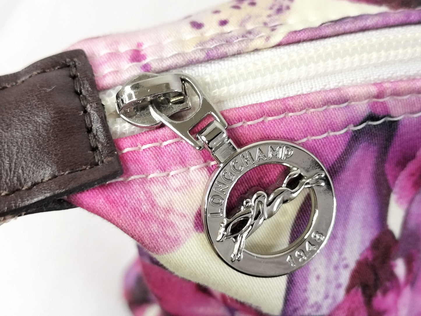 LONG CHAMP Le Pliage Floral Print Nylon and Leather Tote Bag
