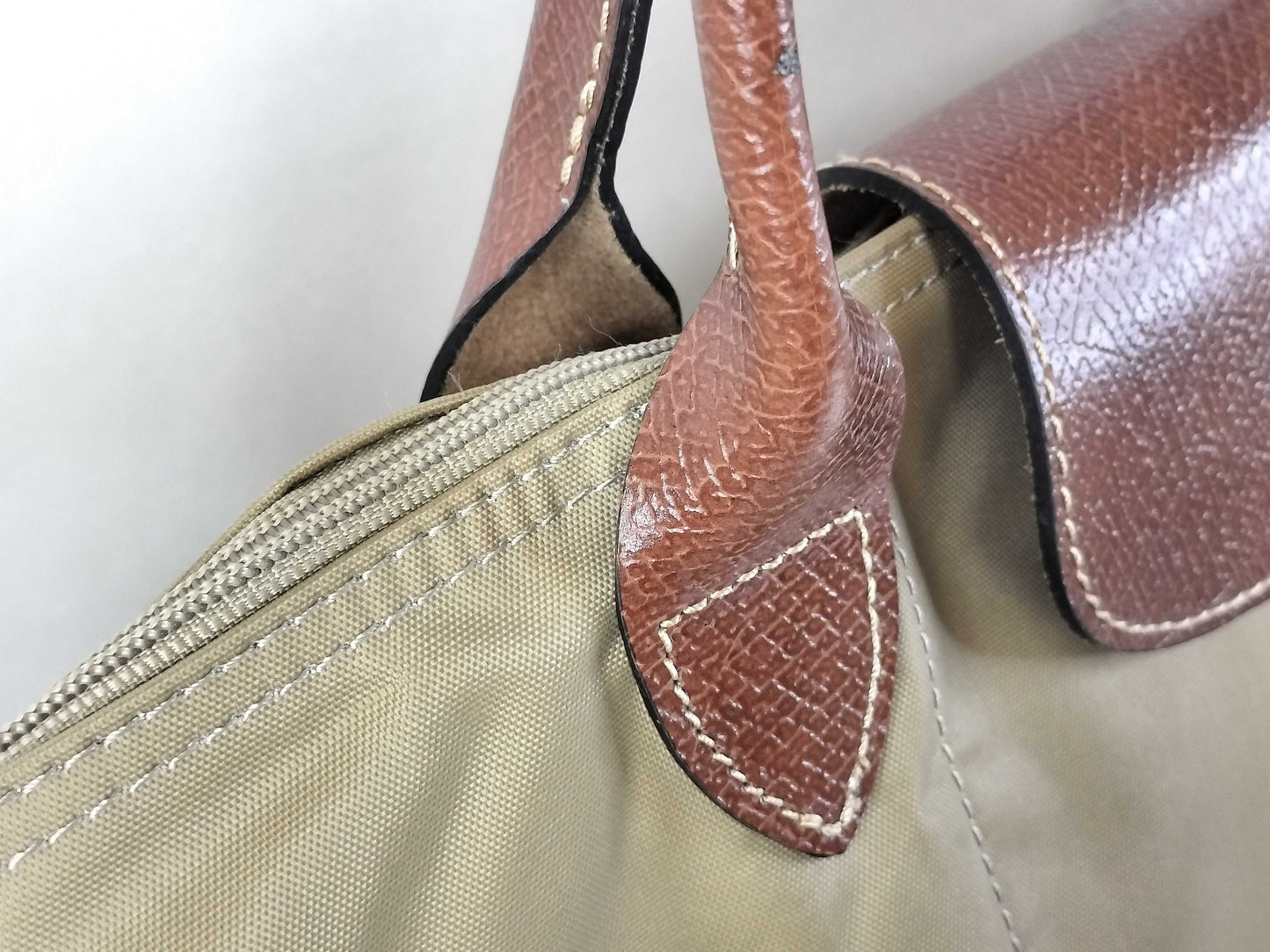 LONG CHAMP Le Pliage Beige Nylon and Leather Tote Bag