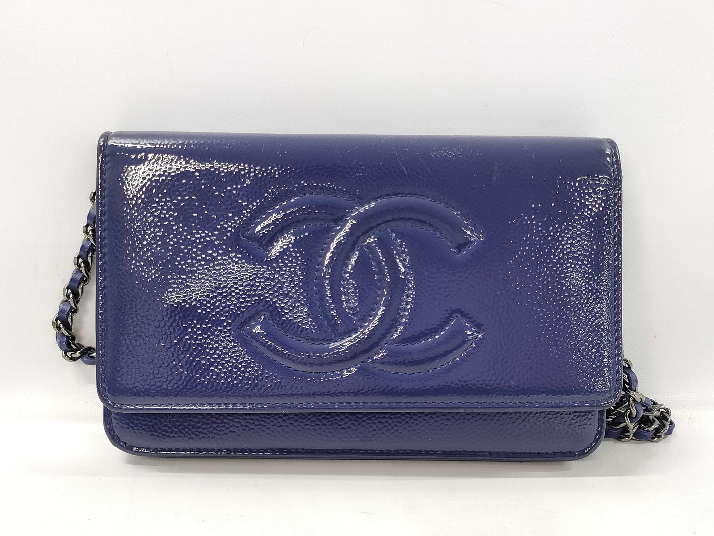 CHANEL Patent Chain Wallet Blue Shoulder Bag