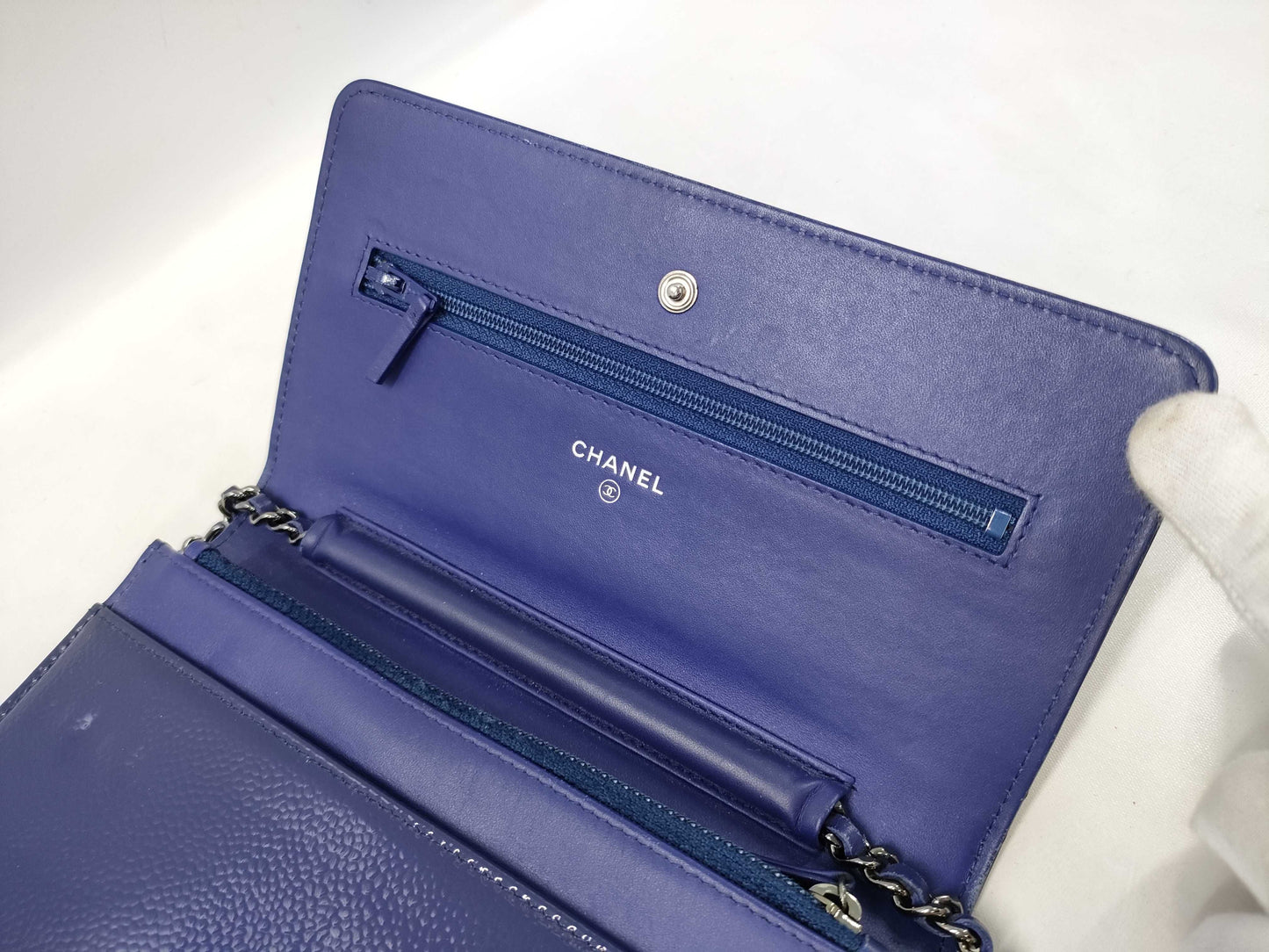 CHANEL Patent Chain Wallet Blue Shoulder Bag