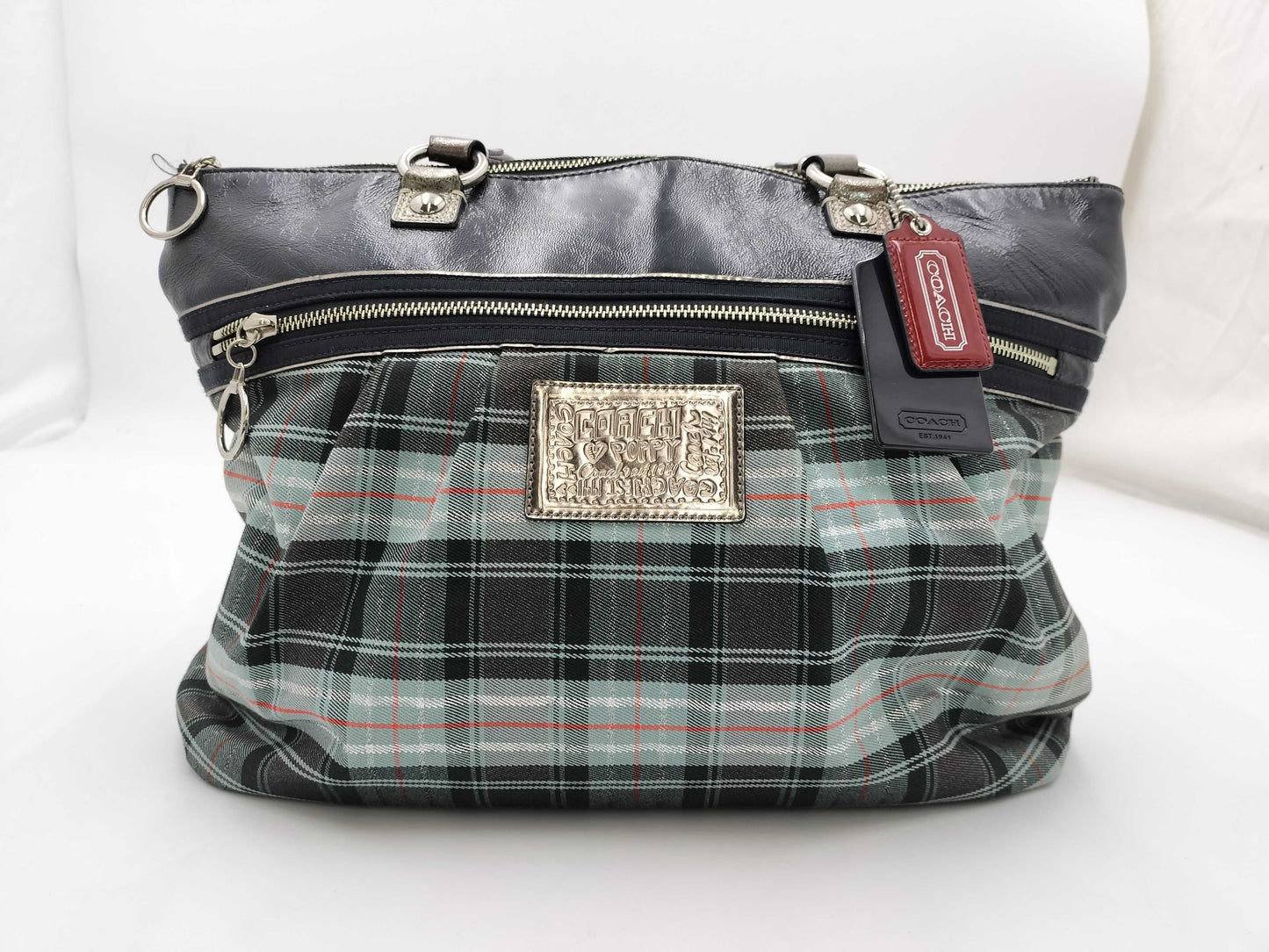 COACH Poppy Canvas Leather Purple Check Tote Bag 15886