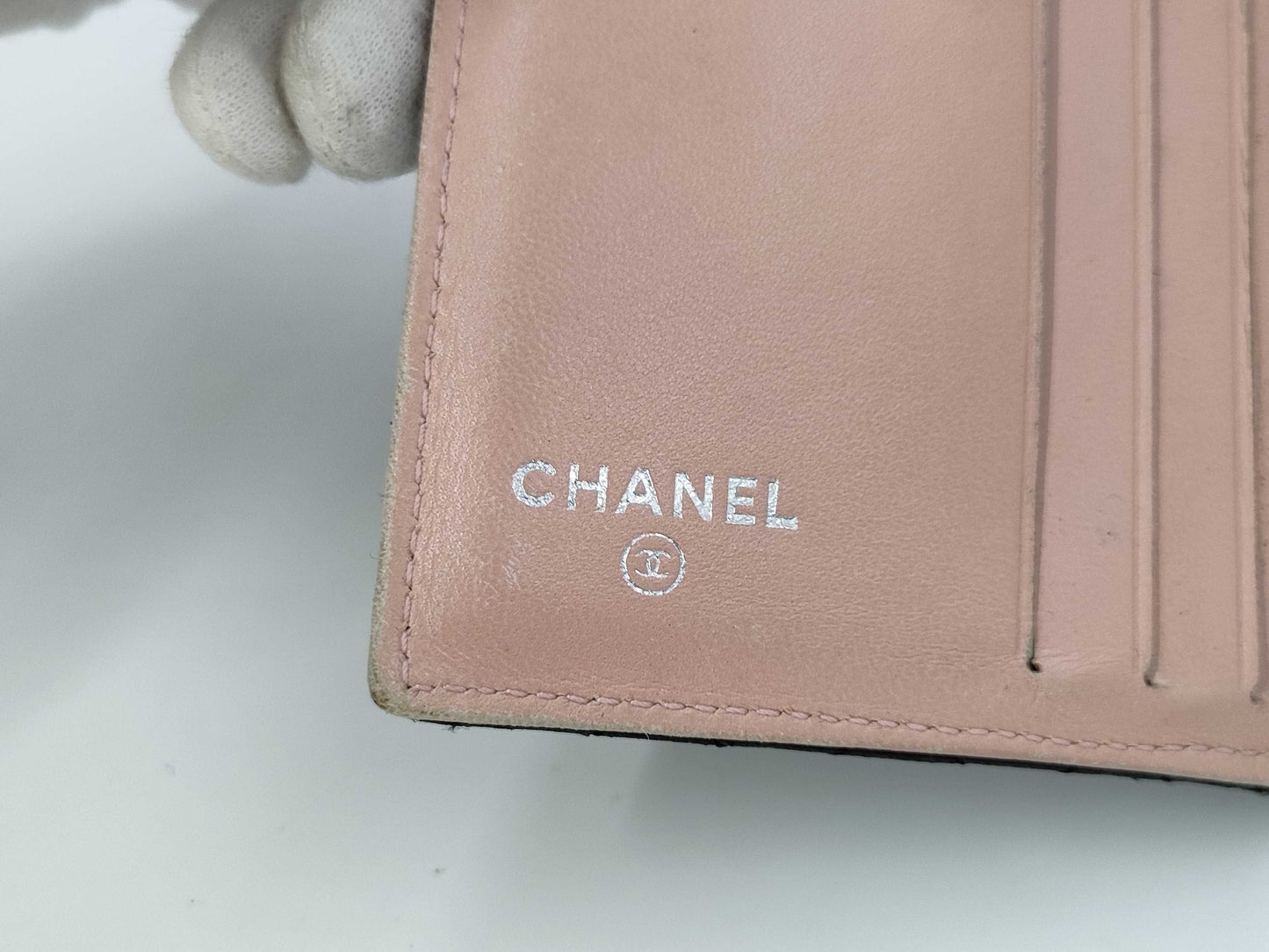 CHANEL Lamb Black Pink Folding Wallet