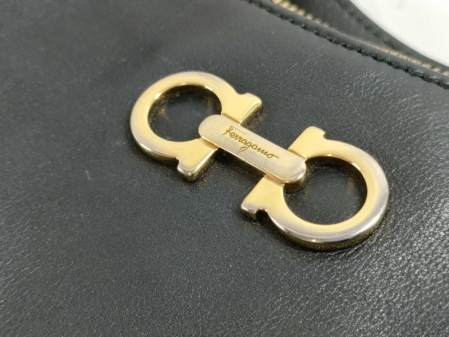 Salvatore Ferragamo Gancini Leather Black Chain Handbag