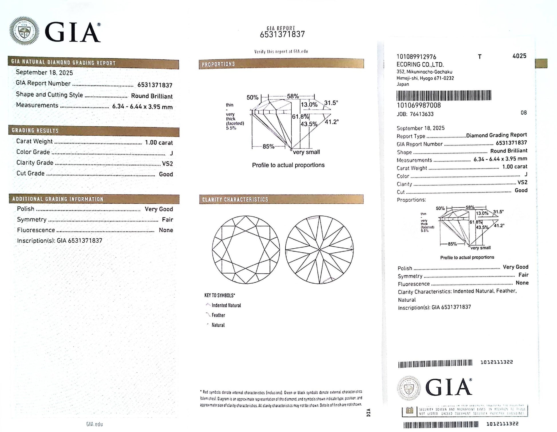 1.00ct J VS-2 GOOD/VG/FR NONE NATURAL 6.34-6.44X3.95mm GIA Diamond Loose