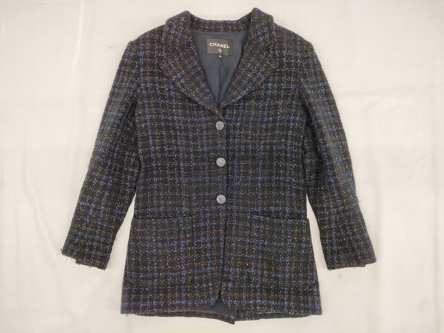 CHANEL Black and Blue Lame P71761 Tweed Jacket Size 34 Jacket