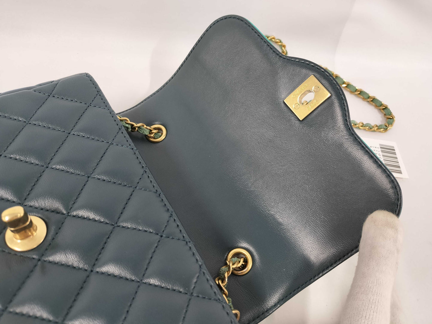 CHANEL Lambskin Two-Tone Minimato Chain Shoulder Bag, Green, No. 23