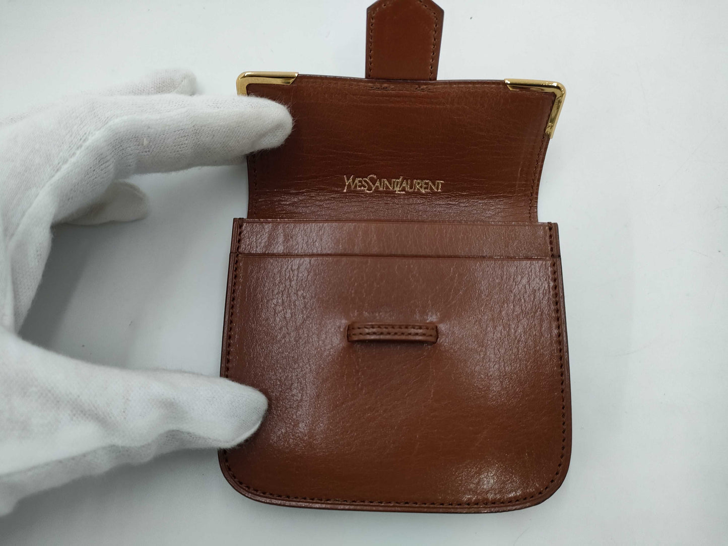 (10461_0049) Yves Saint Laurent YSL Logo/Brown Leather/Gold/Coin Case Coin Case