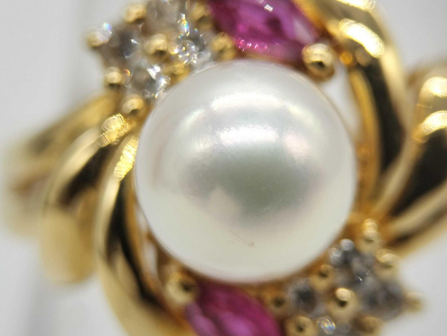 Pearl, diameter approximately 6.8mm, Ruby, D0.15ct, K14, 4.3g Ring