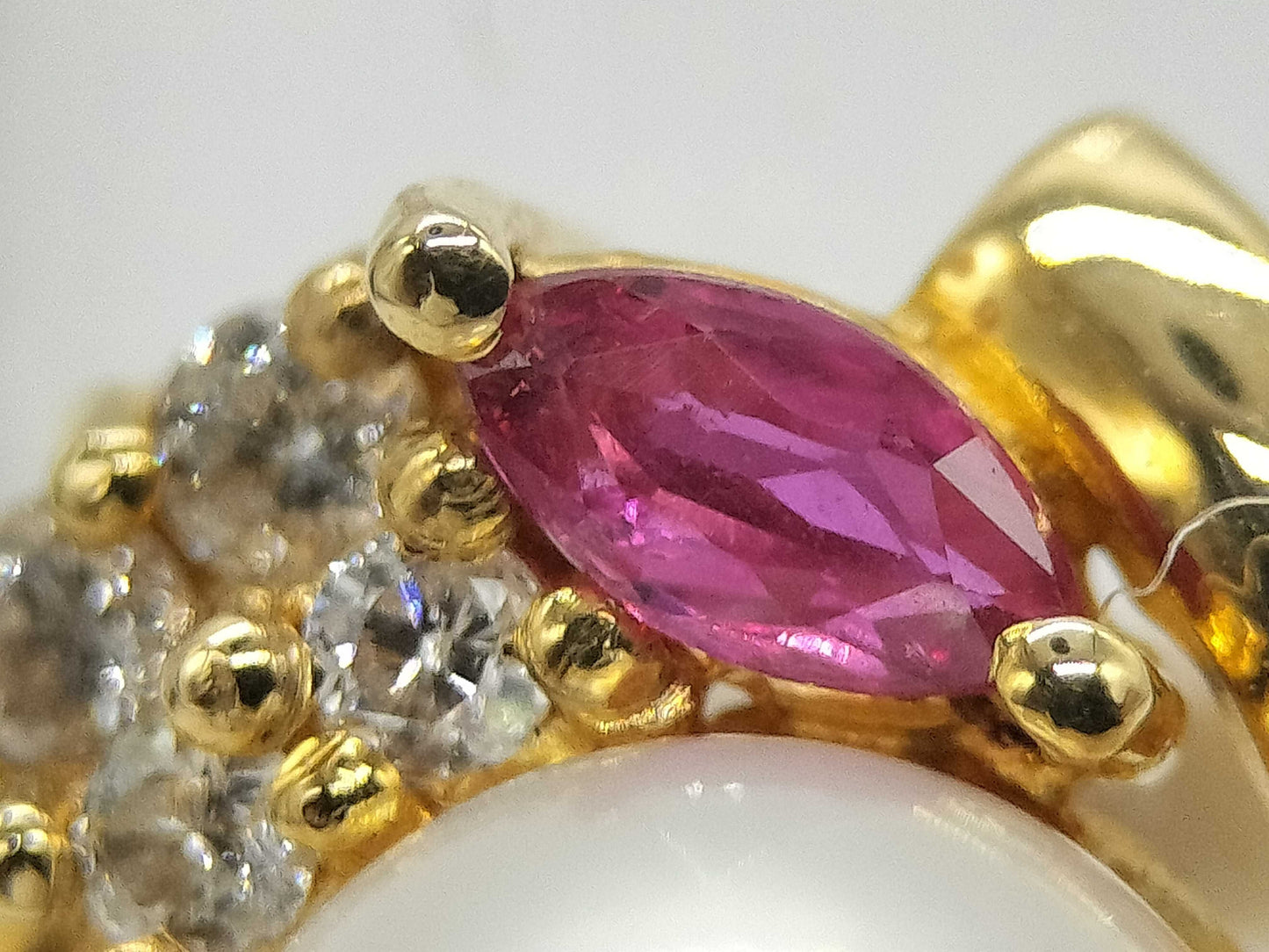 Pearl, diameter approximately 6.8mm, Ruby, D0.15ct, K14, 4.3g Ring