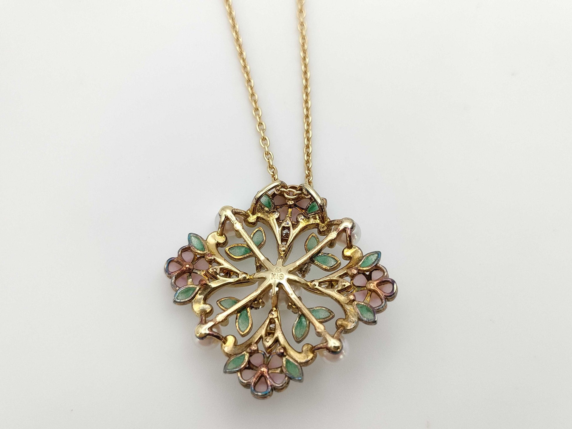 MIKIMOTO Precajour Flower Akoya Pearl Diameter Approx. 4.0mm-6.1mm Enamel Diamond M Charm K18 13.5g Necklace