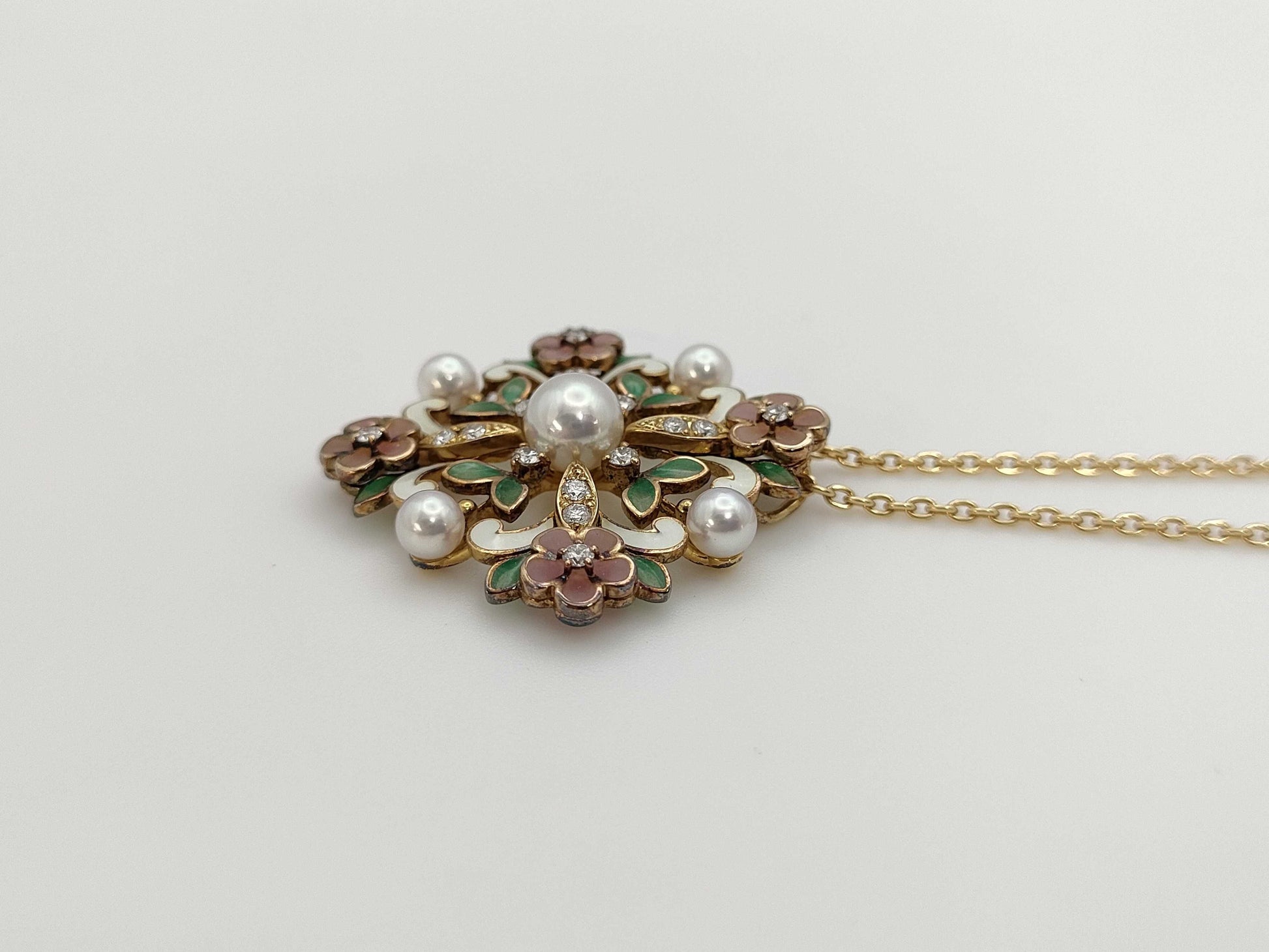 MIKIMOTO Precajour Flower Akoya Pearl Diameter Approx. 4.0mm-6.1mm Enamel Diamond M Charm K18 13.5g Necklace