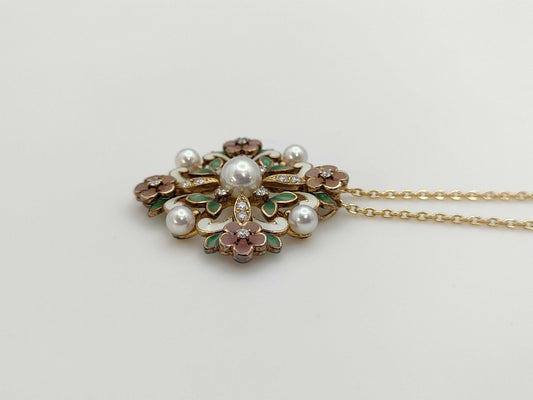 MIKIMOTO Precajour Flower Akoya Pearl Diameter Approx. 4.0mm-6.1mm Enamel Diamond M Charm K18 13.5g Necklace