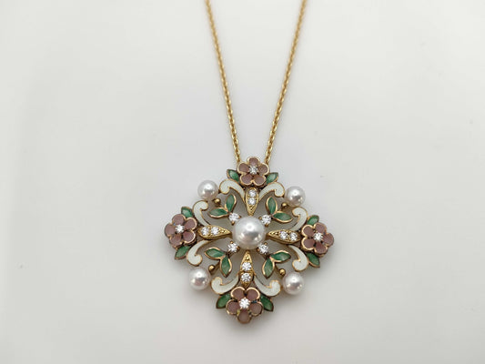 MIKIMOTO Precajour Flower Akoya Pearl Diameter Approx. 4.0mm-6.1mm Enamel Diamond M Charm K18 13.5g Necklace
