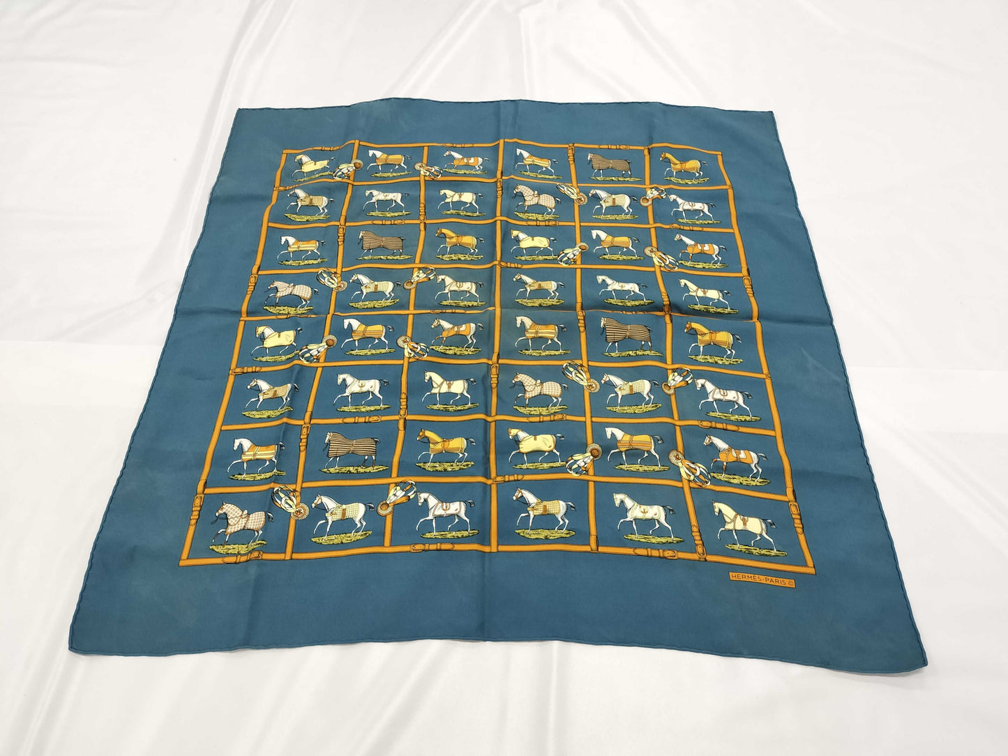 HERMES Carré 90 Horse Blanket Blue Scarf