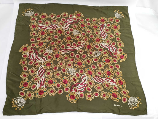 CHANEL Jewelry Motif Khaki Scarf
