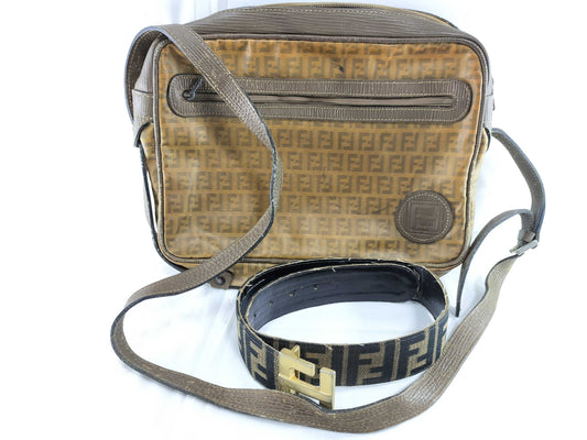 FENDI Zucca/Zucchino Shoulder Bag/Belt with FF Hardware, 2-Piece Set