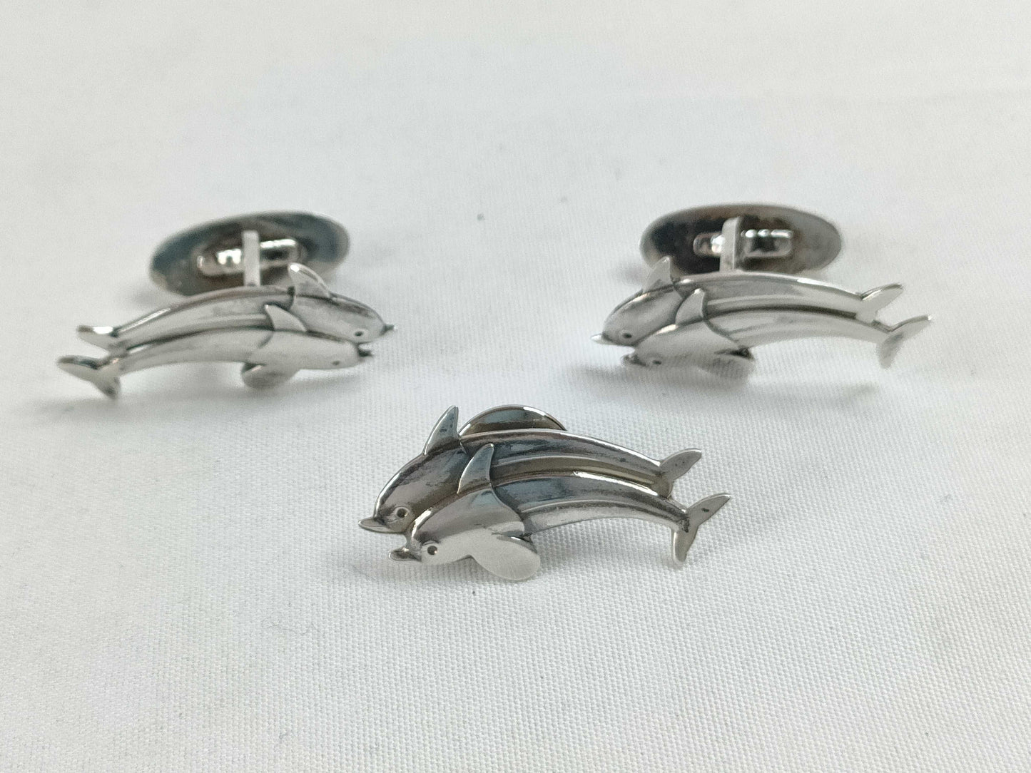 Georg Jensen Dolphin 129/Cufflinks and Tuck Pin Brooch Set, SV925, 14.7g, Tie Pin and Cufflinks
