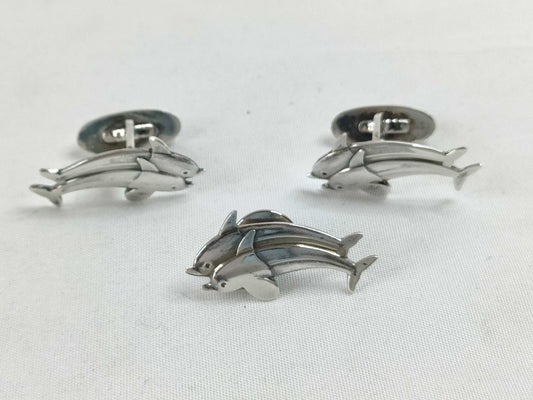 Georg Jensen Dolphin 129/Cufflinks and Tuck Pin Brooch Set, SV925, 14.7g, Tie Pin and Cufflinks