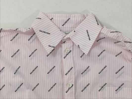 BALENCIAGA Long Sleeve Dress Shirt Logo Stripe Pink x White Shirt
