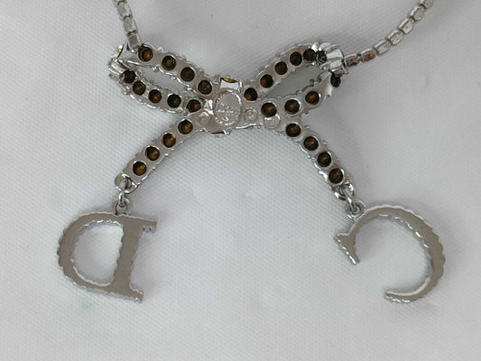 Dior Ribbon Rhinestone Necklace Silver Color Necklace