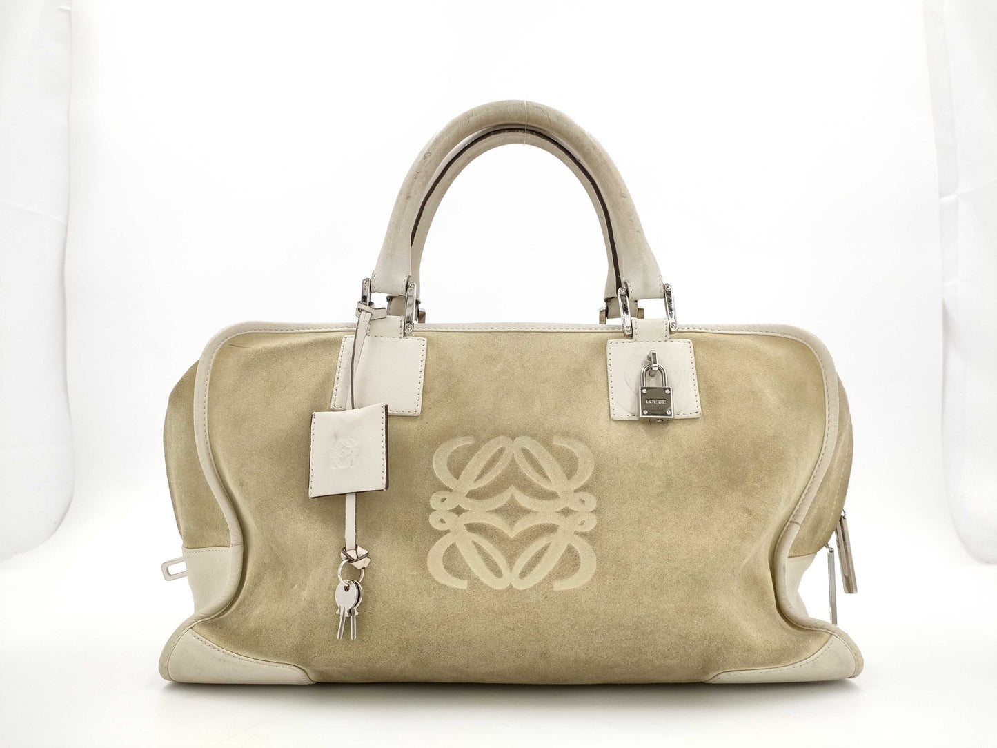 LOEWE Amazona 36 Anagram Suede Handbag with Padlock, Two Keys, and Crochet Detail