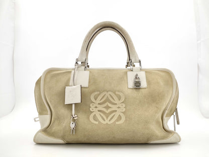 LOEWE Amazona 36 Anagram Suede Handbag with Padlock, Two Keys, and Crochet Detail