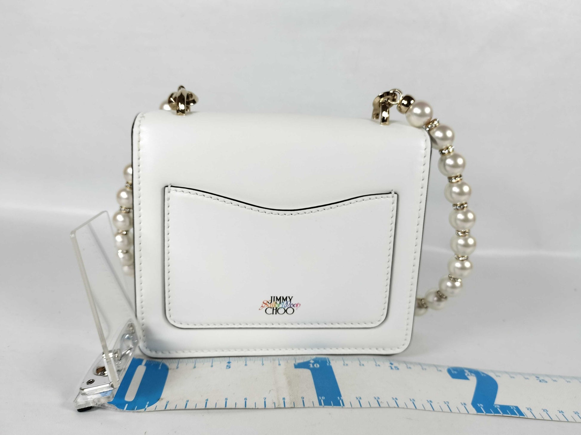 JIMMY CHOO Jimmy Choo x Sailor Moon Leather Shoulder Bag with Original Comic Scene Print, Swarovski Crystals, and Pearl Strap. Sold Out. Prene Shoulder Bag.