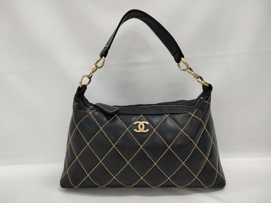 CHANEL One-Shoulder Bag Wild Stitch Calfskin Black
