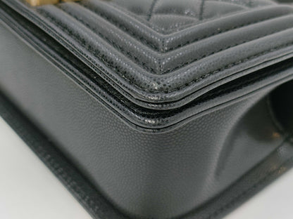 CHANEL Matelasse Top Handle Boy Caviar Black Handbag with Gold Hardware and Serial Number Plate